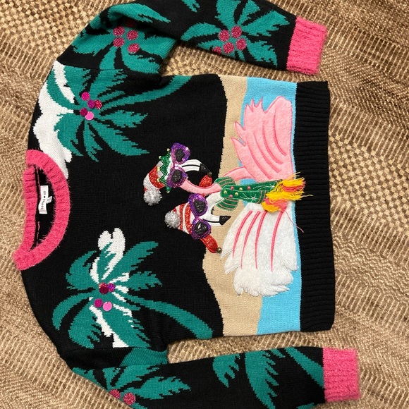 Hooked Up by IOT Ugly Christmas XMAS Sweater Cool  Pink Flamingo Pom Pom XS - Picture 4 of 4